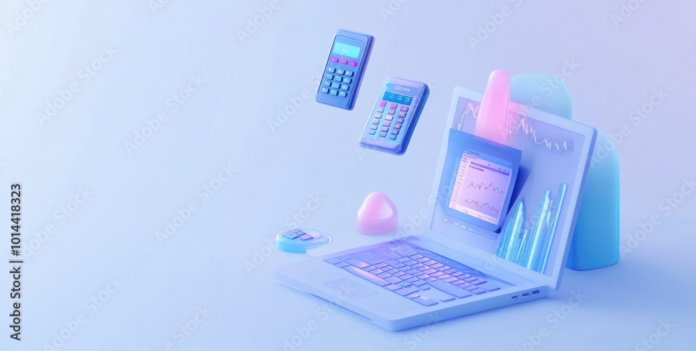 Poster A pastel-themed digital workspace featuring calculators, graphs, and a laptop.