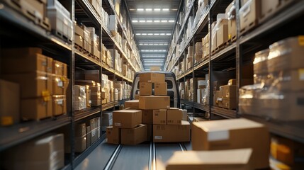 Obraz premium A van surrounded by stacked boxes in a warehouse, indicating logistics and storage activities.