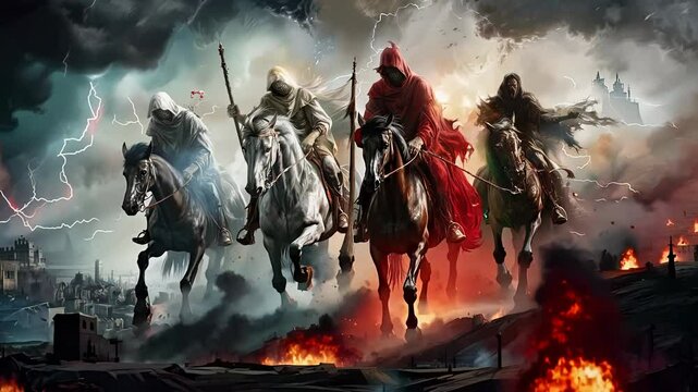 Dramatic symbolism: horsemen apocalypse depicting conquest, conflict, scarcity, demise, illustrating powerful themes of fate, destiny in religious texts, reflecting humanity struggle, ultimate fate.