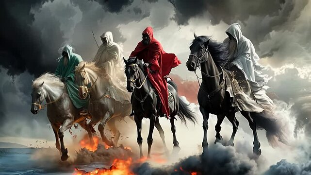 Dramatic symbolism: horsemen apocalypse depicting conquest, conflict, scarcity, demise, illustrating powerful themes of fate, destiny in religious texts, reflecting humanity struggle, ultimate fate.