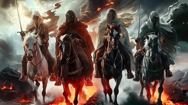 Prophetic vision: four horsemen of apocalypse representing conquest, war, famine, death, embodying harbingers of judgment, transformation in biblical lore, signifying impending change, chaos.