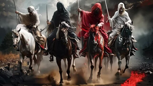 Prophetic vision: four horsemen of apocalypse representing conquest, war, famine, death, embodying harbingers of judgment, transformation in biblical lore, signifying impending change, chaos.