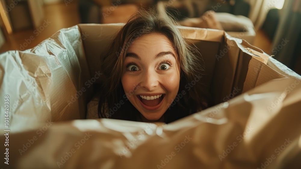 Sticker A joyful person peeks out from a cardboard box, expressing excitement and playfulness.