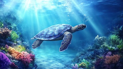 Obraz premium A serene underwater scene featuring a turtle swimming among colorful coral reefs.