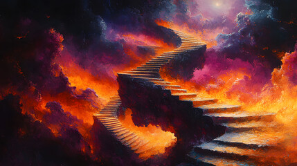 A staircase leading to the heavens, bathed in celestial light. The path is paved with stone and surrounded by swirling clouds of fire and smoke. The image evokes a sense of mystery, and spirituality
