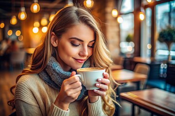 In a snug coffee shop, a lovely girl relaxes alone with a steaming cup, embracing the calm and
