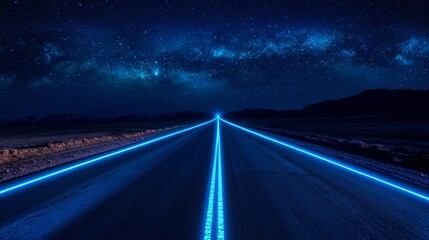 Fototapeta premium Open road under starry night sky with neon blue lines, futuristic travel concept