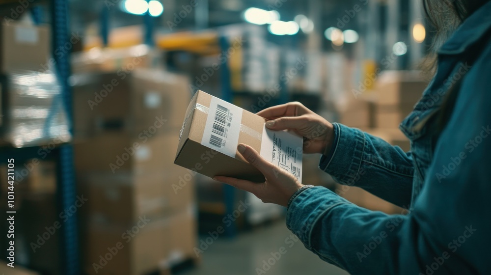 Wall mural A person holding a small package in a warehouse filled with stacked boxes.