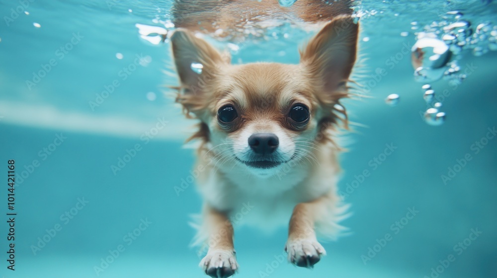 Wall mural A Chihuahua swimming underwater, bubbles surrounding its playful expression.