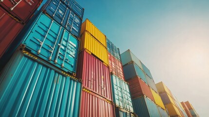 Fototapeta premium A stack of colorful shipping containers against a clear blue sky.