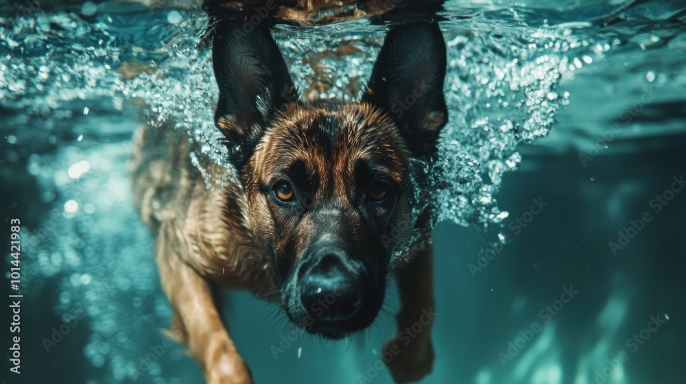 Poster A dog swimming underwater, creating splashes and showcasing its agility and playfulness.