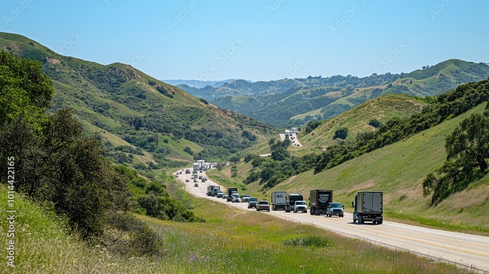 Poster Scenic highway through green hills with vehicles traveling along the road.