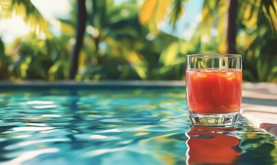 Glass of red drink by a pool.