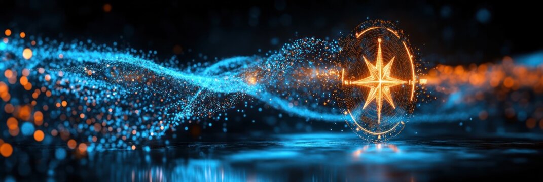 A vibrant digital representation of a compass with swirling blue and orange particles.