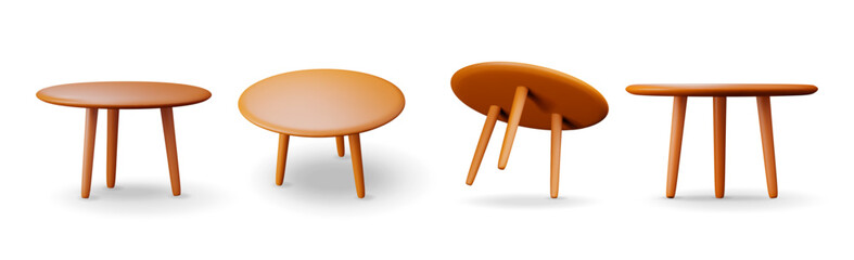 3d set of wooden table stand with legs isolated on white. Render empty table with round brown countertop. Circle desk for office, kitchen or home. Minimalistic furniture style. vector illustration