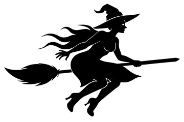 Halloween broomstick flying fast lady silhouette vector art illustration