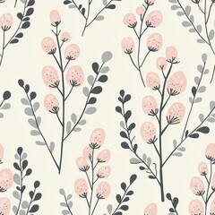 Modern seamless floral pattern with soft pink berries and minimalist leaves on a light cream background, featuring simple and delicate botanical elements in a stylish, contemporary design.