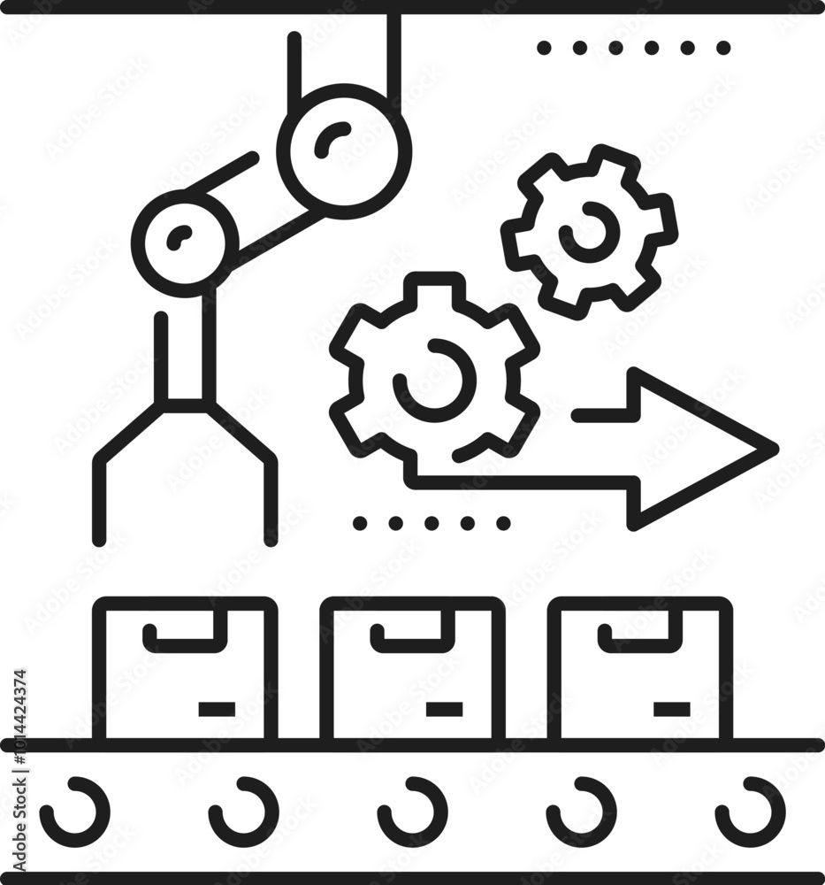 Aufkleber manufacture process, automatic and manual production thin line icon. warehouse or factory supply cha