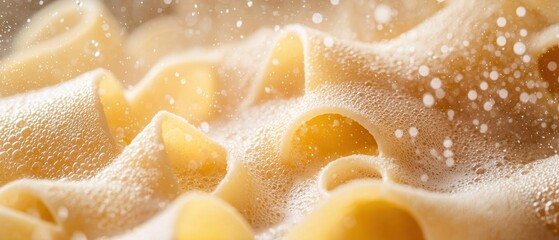Fototapeta premium Close-up of cooked pasta with steam and water droplets, showcasing texture and warmth.