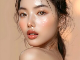 Fototapeta premium Striking Radiant Asian Beauty Portrait with Pastel Tinted Background