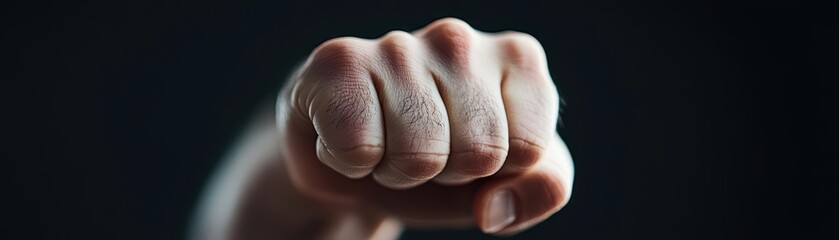 Naklejka premium Fist clenched in determination, representing strength and resilience on a dark background.