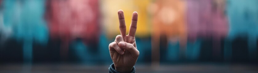 Hand showing peace sign against colorful graffiti background.