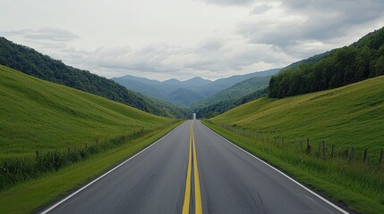 Scenic view of a tranquil road surrounded by green hills and mountains under a cloudy sky.