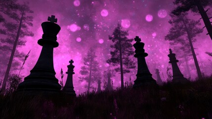 Silhouettes of chess pieces standing tall in a mystical forest under a vibrant pink sky with blurry lights.