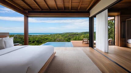 Fototapeta premium Serene bedroom with open view of nature, featuring a pool, inviting tranquility and relaxation.