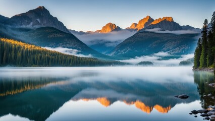 Serene mountain landscape reflected in a tranquil lake at sunrise.