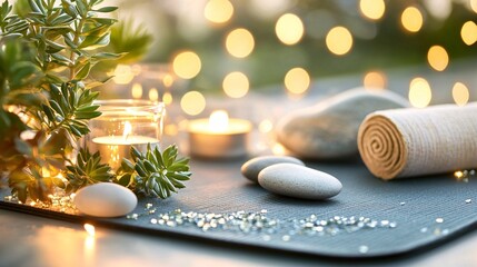 Peaceful Yoga Mat with Plants and Candles © Kultawatch
