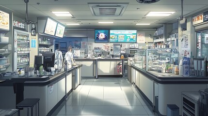 Japanese Convenience Store Interior with Woman in White Uniform.