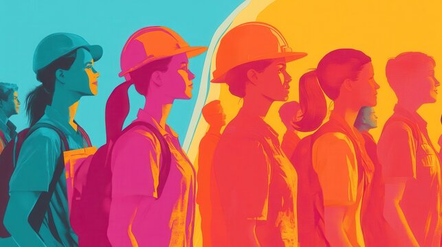 Diverse workers with safety helmets stand in profile, vibrant colors against a contrasting background.