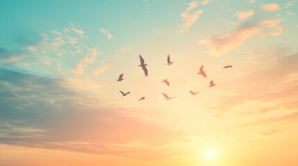 Obraz premium Birds in Flight at Sunset, graceful silhouettes of birds soaring in a vibrant sky, hues of orange and blue blending seamlessly, evoking a sense of freedom and serenity.