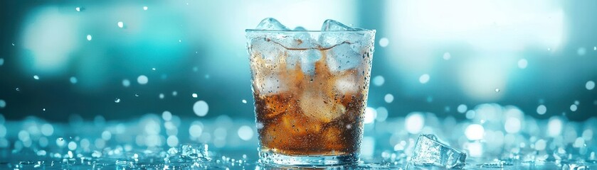 Refreshing drink with ice in a glass, set against a vibrant blue background.