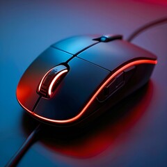 A close-up view of a gaming mouse illuminated by vibrant red lights, showcasing its sleek design and advanced features.