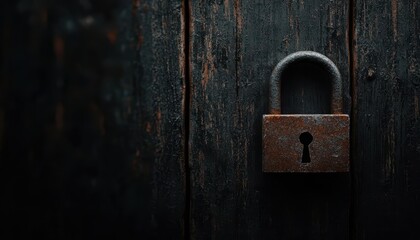 Rusty padlock hanging on a dark wooden door, symbolizing security and protection.