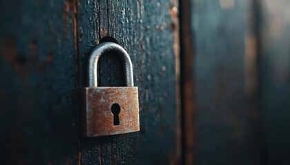 Rusty padlock on weathered wooden door, symbolizing security and protection.