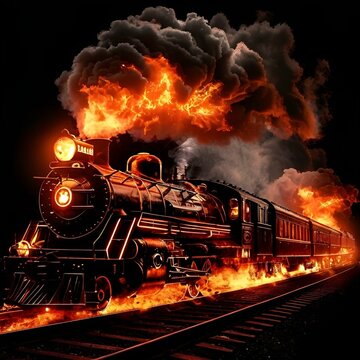 A train engulfed in flames, with thick smoke billowing from its carriages, creating a dramatic scene of destruction.