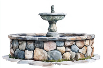 A decorative stone fountain featuring a central spout, surrounded by a circular stone basin, ideal for gardens or outdoor spaces.