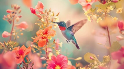 A hummingbird with colorfull background. Small Flying colorful bird.