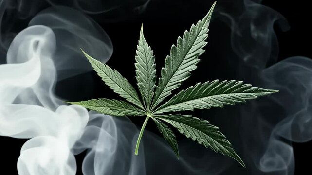 A single marijuana leaf is seen against a black background with wispy white smoke in the corner