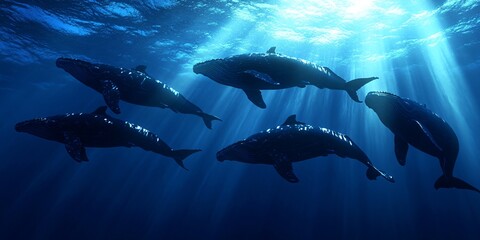 Fototapeta premium Five humpback whales swim in a deep blue ocean with beams of sunlight shining down on them.