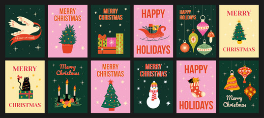 Collection of cute Christmas posters in cartoon retro style, New Year, Happy Holidays greeting cards, postcard design set. Festive season vector illustrations with gifts, xmas tree, baubles, ornaments