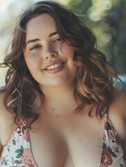 Fototapeta premium Stunning Detailed Close up of Cheerful Curvy Woman with Flawless Skin in Glamorous Beauty Editorial Fashion Portrait