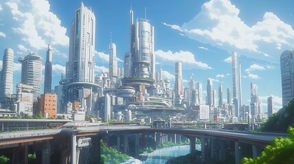Fototapeta premium Futuristic Cityscape with a River and Skycrapers.