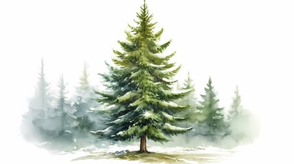 Fototapeta premium Serene watercolor illustration of evergreen trees in a misty forest setting.