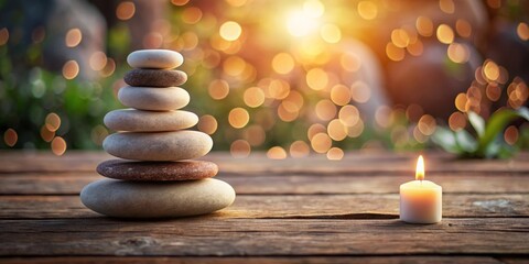 Obraz premium On a rustic wooden table, a harmonious pyramid of smooth stones and a flickering candle radiate tranquility, creating