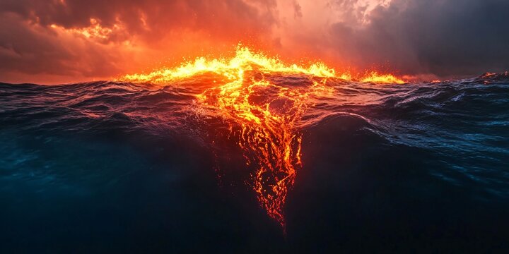 Molten lava flows into dark, churning ocean waters, creating a dramatic contrast of fire and water.