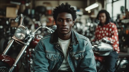 A young man in a denim jacket sits confidently at a vibrant motorcycle workshop, surrounded by tools and bikes, epitomizing youth and craftsmanship in modern day.